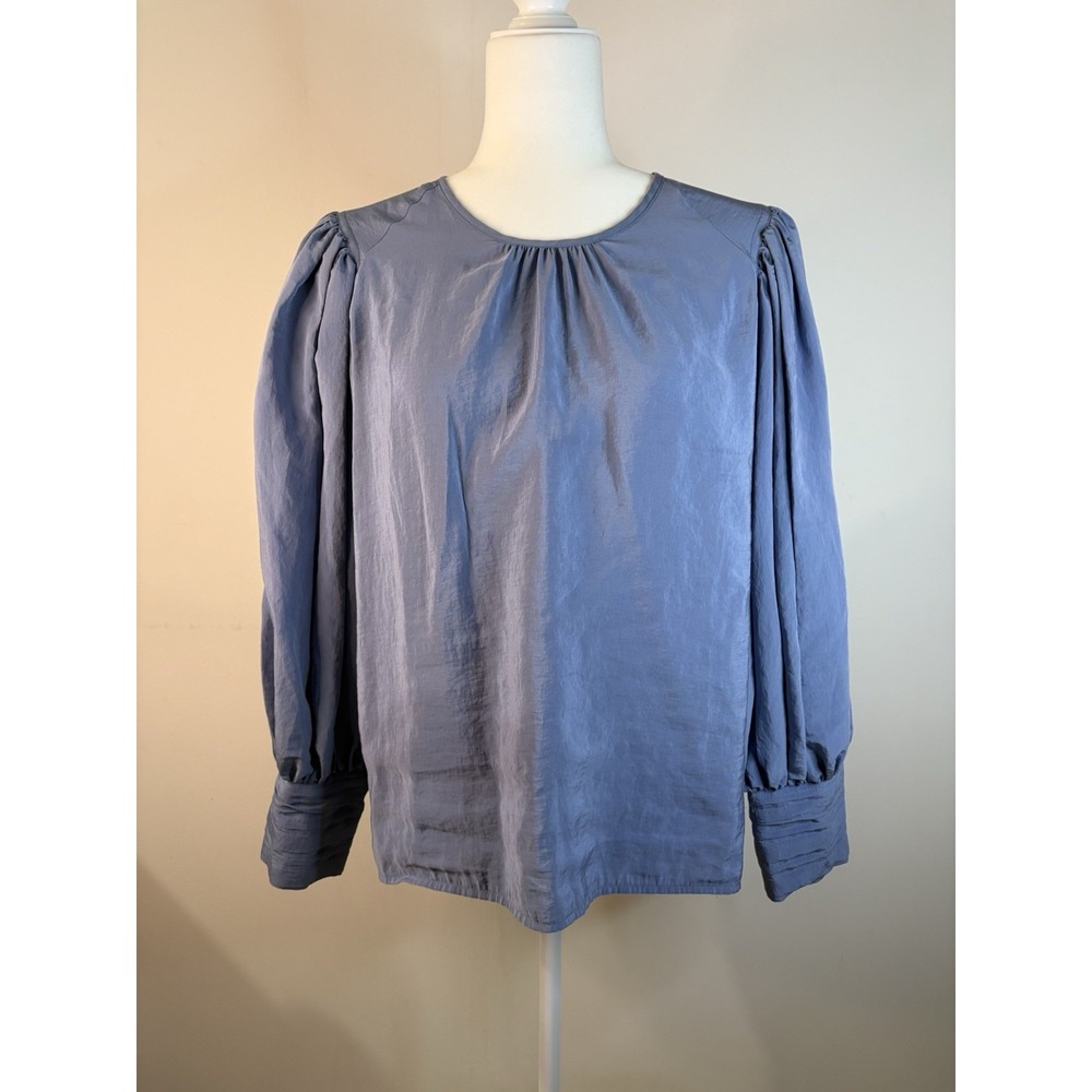 Express Blouse Womens Medium Blue Preppy Balloon Puff Sleeves - Picture 2 of 12